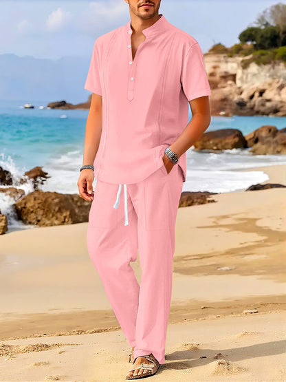 Men's Fashionable Cotton Linen Shirt Set with Cuban Pocket Long Sleeve Casual Two-Piece Suit Spring Autumn 100% Natural Fiber - Ellianto fashion Men's