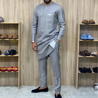 Wedding Suit For Men White Embroidered Pocket Top Pants Ensemble Homme African Traditional Casual Wear 2Pcs Sets Kaftan Outfits - Ellianto fashion Men's