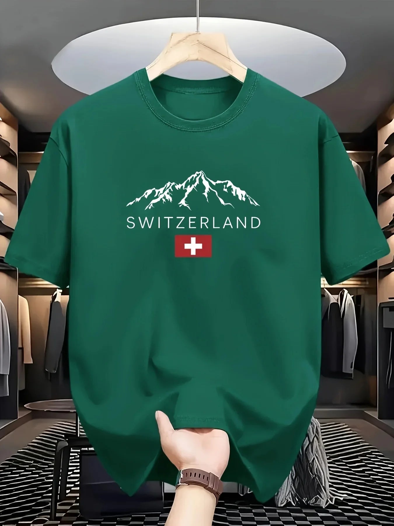 2025 New European Men's Summer 100% Pure Cotton Fashionable Casual Sporty Swiss mountain Pattern Printed round-neck short-sleeve - Ellianto fashion Men's
