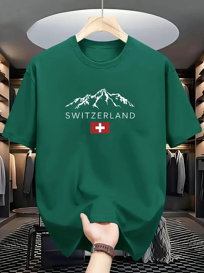 2025 New European Men's Summer 100% Pure Cotton Fashionable Casual Sporty Swiss mountain Pattern Printed round-neck short-sleeve - Ellianto fashion Men's