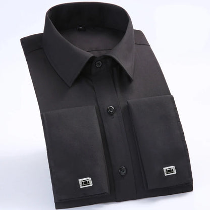 M~6XL Men's French Cuff Dress Shirt White Long Sleeve Social Male Shirts Regular Fit Party Dinner Wedding Cufflinks Formal Shirt - Ellianto fashion Men's