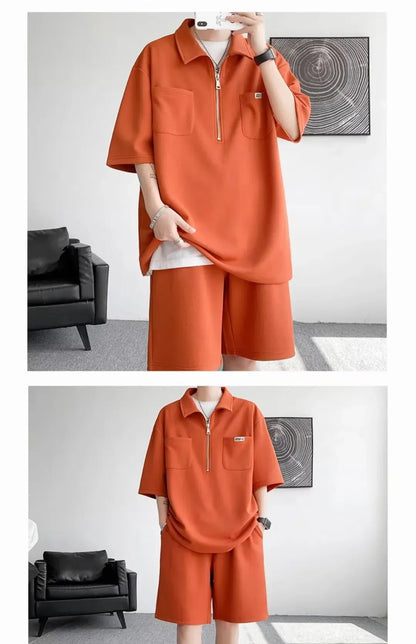 Ice Silk Short Sleeve Polo Shirt Men Summer Trendy Shorts Casual Sports Set Seven Half Zipper Comfortable Thin Male Clothing - Ellianto fashion Men's