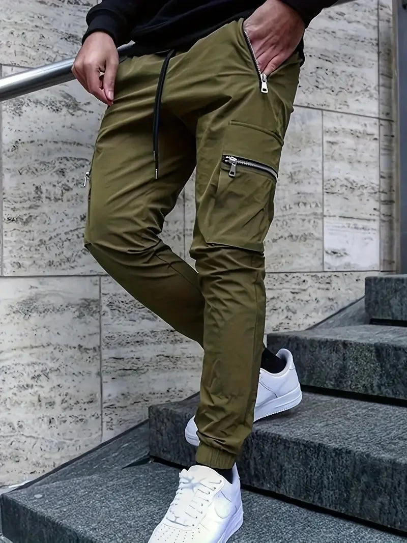Men's Everyday Casual Zipper Pocket Pants Slim-Fit Pencil Pants Street Functional Small Foot Pants - Ellianto fashion Men's