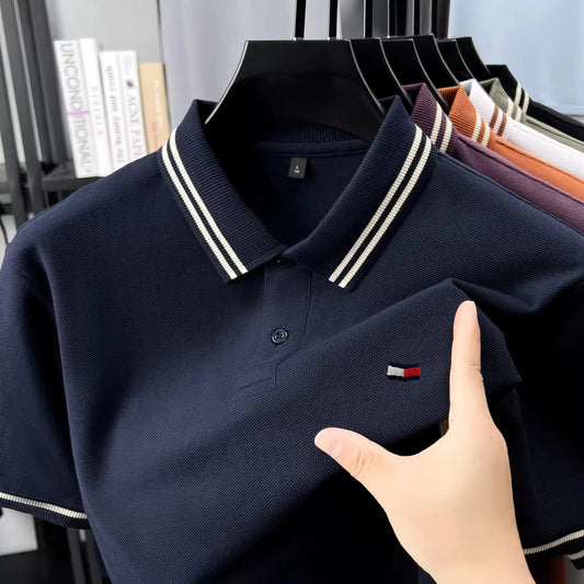 100% pure cotton summer men original embroidered short sleeved fashionable striped lapel shirt polo shirt breathable T-shirt top - Ellianto fashion Men's