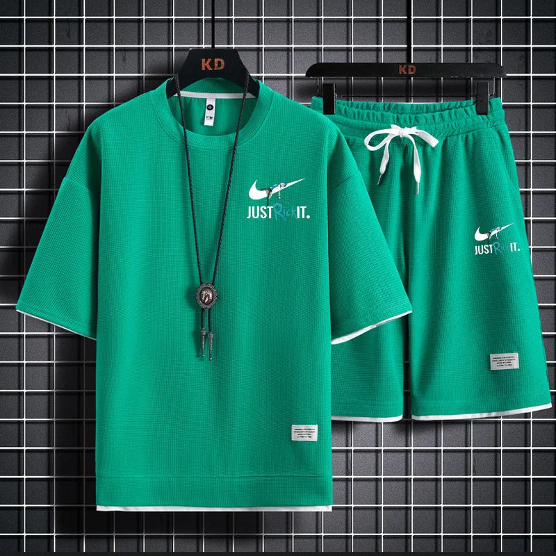 Set 2025 New European and American men's Summer casual cotton and linen short-sleeved shirt + jogging sports shorts 2-piece set - Ellianto fashion Men's