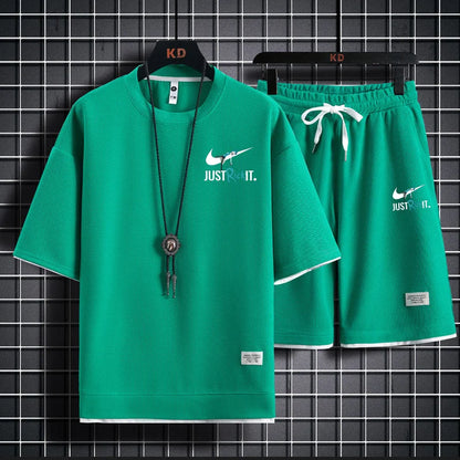 Set 2025 New European and American men's Summer casual cotton and linen short-sleeved shirt + jogging sports shorts 2-piece set - Ellianto fashion Men's