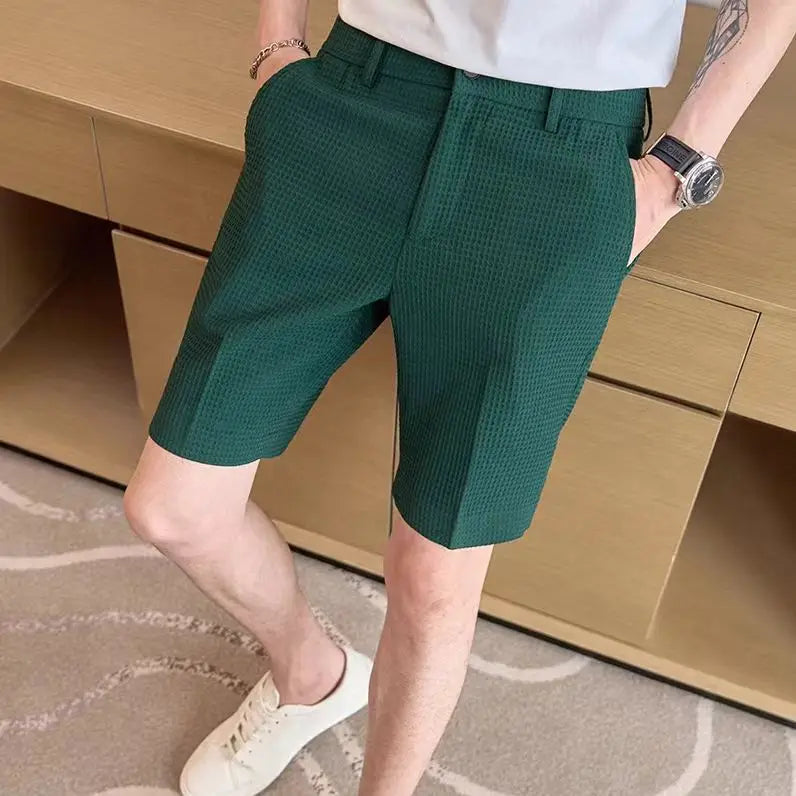 Summer Men Waffle Thin Coffee Suit Shorts Streetwear Fashion Male Clothes Korean Casual Pocket Straight 5 Points Ice Short Pants - Ellianto fashion Men's