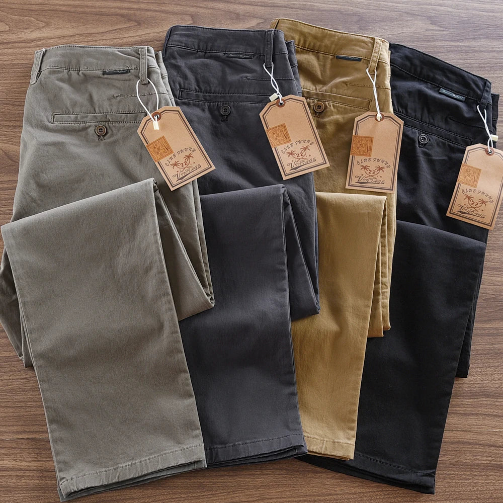 2025 Autumn New American Retro Woven Twill Cargo Pants Men's Simple 97.4% Cotton Washed Micro Elastic Straight Casual Trousers - Ellianto fashion Men's