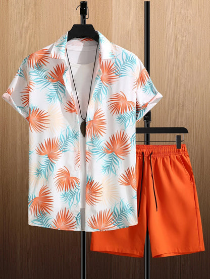 Set Hawaiian Coconut Tree Print Men's Shirt Summer Short Sleeve Tops Beach Shorts 2 Piece Sets Casual Vacation Style Outfit Clothing - Ellianto fashion Men's