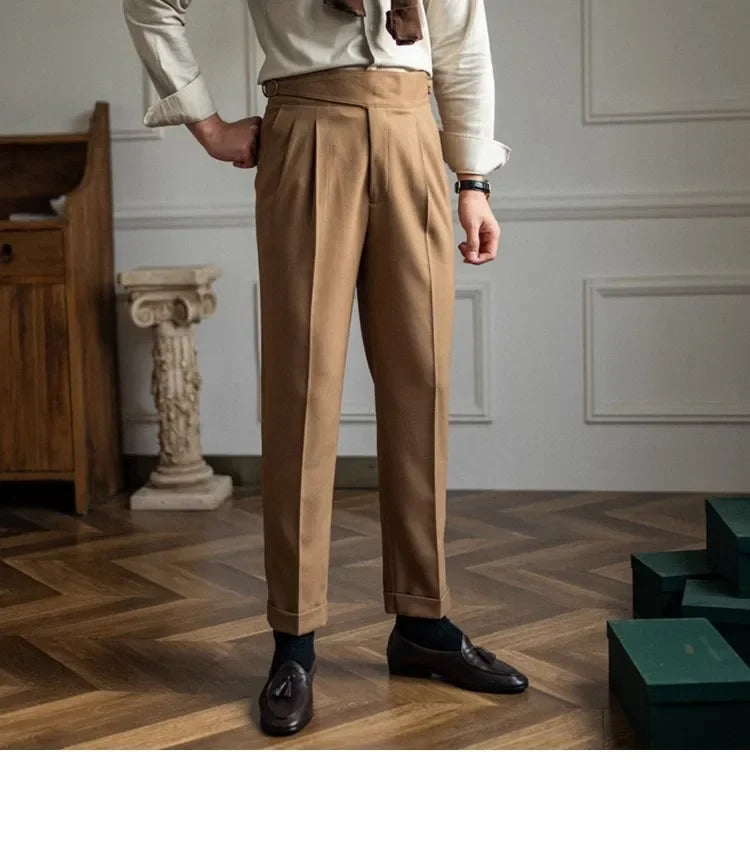 High Waist Straight Leg Casual Men's Trousers Italian Neapolitan Style Versatile Long Pants British Retro Suiting - Ellianto fashion Men's