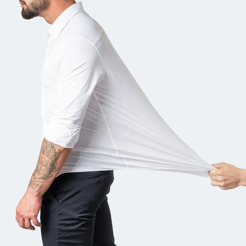 High Elasticity Seamless Spandex Shirt Men Long Sleeve Slim Fit Casual Solid Color Social Formal Dress Shirts 2025 - Ellianto fashion Men's