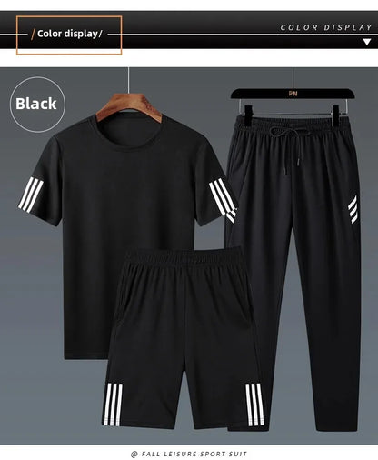 Summer Casual Sports Men's Short Sleeve T-Shirt plus Size Three-Piece Set New Style Long Pants Comfortable Breathable Clothing - Ellianto fashion Men's
