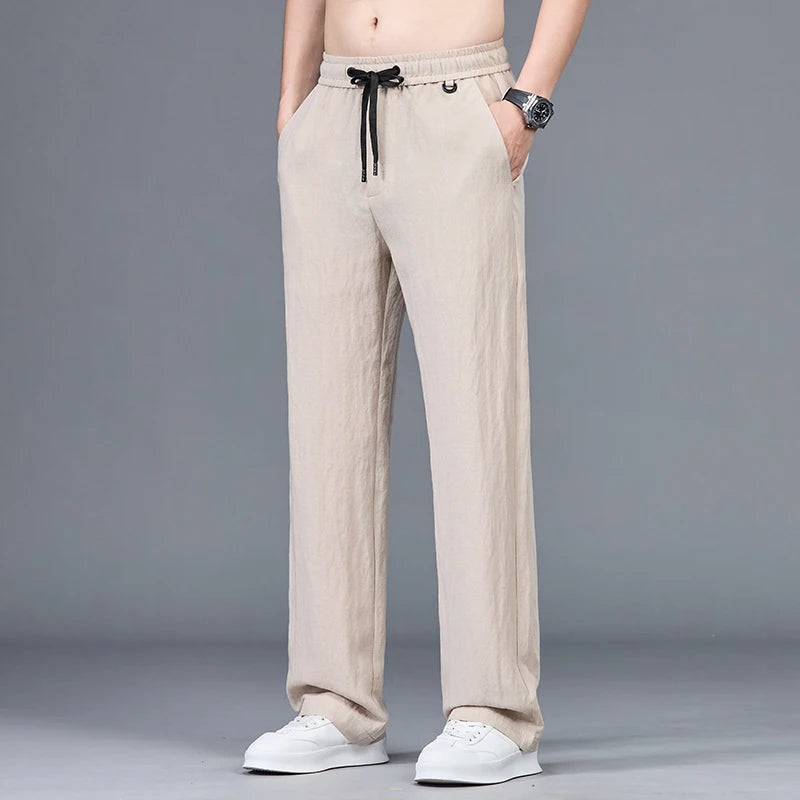Men’s Summer Ice Silk Linen Casual Pants – Lightweight, Breathable Straight-Leg Trousers with Wide-Leg, Drawstring, Baggy Fit, and Elastic Waist for Effortless Comfort