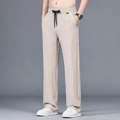 Men’s Summer Ice Silk Linen Casual Pants – Lightweight, Breathable Straight-Leg Trousers with Wide-Leg, Drawstring, Baggy Fit, and Elastic Waist for Effortless Comfort