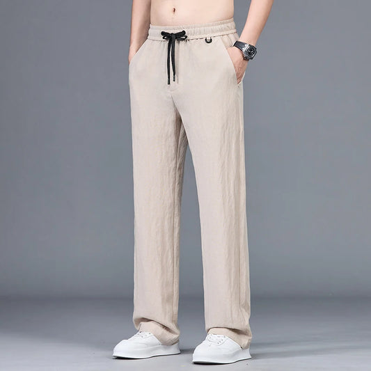 Men’s Summer Ice Silk Linen Casual Pants – Lightweight, Breathable Straight-Leg Trousers with Wide-Leg, Drawstring, Baggy Fit, and Elastic Waist for Effortless Comfort