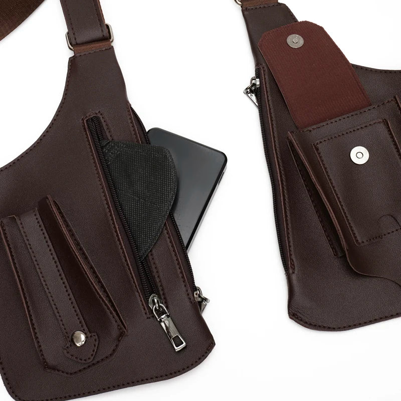 Luxury Design Men's Tactical Vest Bag High Quality PU Leather Man Chest Bag Phone Pouch Vintage Design Underarm Back Pack Bags - Ellianto fashion Men's
