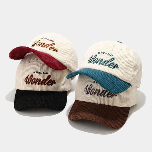 Fashion Autumn Winter Corduroy Baseball Cap For Men Women Vintage WONDER Letter Embroidery Keep Warm Snapback Hat Hip Hop Gorras - Ellianto fashion Men's
