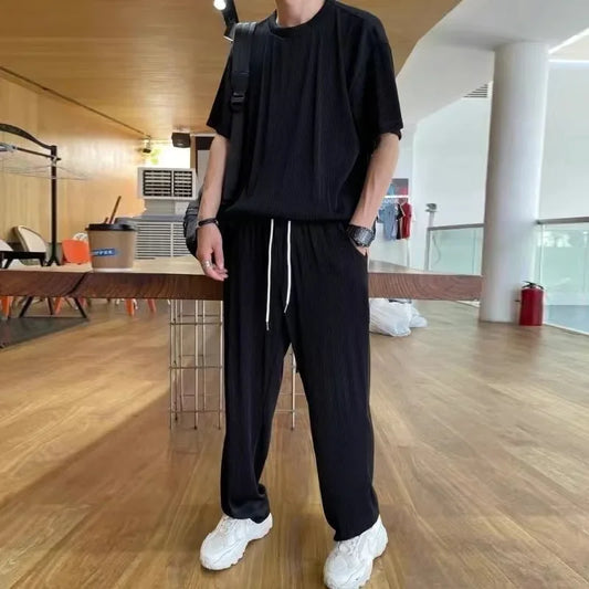 Casualsuit Ice Silk Sports Men's Summer Thin Short Sleeves T-shirt Quick Dry Long Pants Matching Half Sleeve Clothes Set - Ellianto fashion Men's