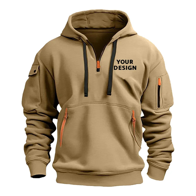 European New Men's Sports Zipper Arm Pocket Loose Casual Sweatshirt Customize Your Logo Dropped Shoulder Hooded Jacket Pullover - Ellianto fashion Men's