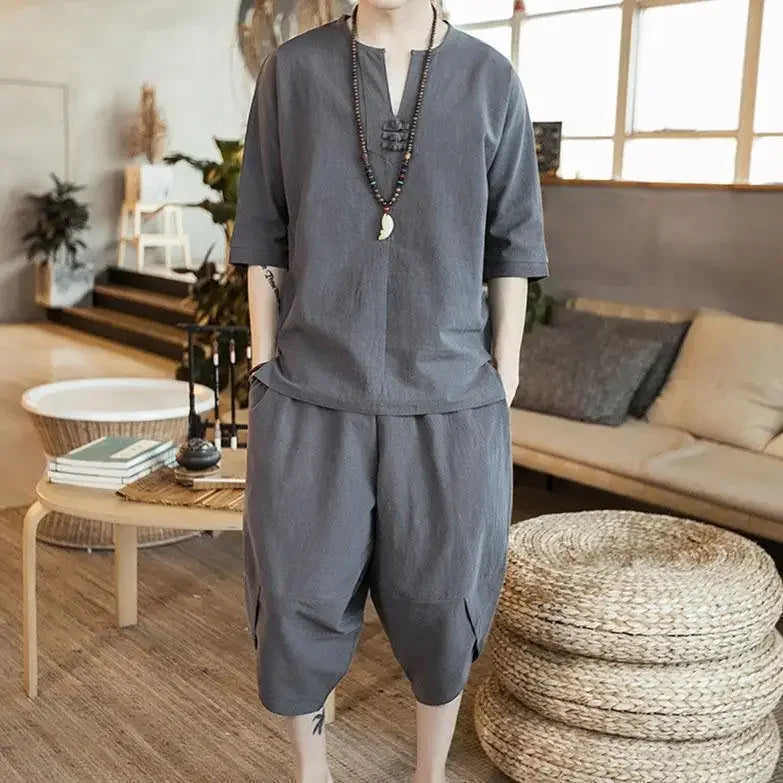 New Summer Linen Set Men's Chinese Style T-shirt Short Sleeve Two-piece Loose Seven Pants Set Male Comfortable Breathable - Ellianto fashion Men's