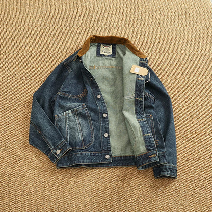 Spring New American Retro Heavyweight Neckline Contrast Color Corduroy Washed Old Cargo Denim Jacket Men's Lapel Casual Coat