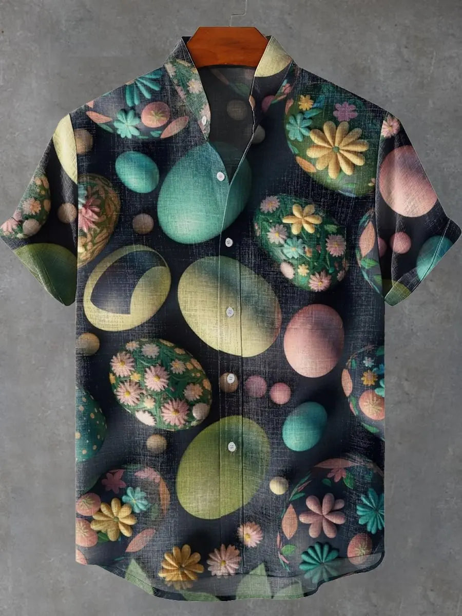 Hawaiian Men's Linen Short Sleeve Shirt Folk Flower Pattern Harajuku Street Clothing Holiday Casual Top - Ellianto fashion Men's
