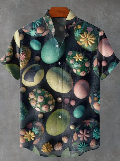 Hawaiian Men's Linen Short Sleeve Shirt Folk Flower Pattern Harajuku Street Clothing Holiday Casual Top - Ellianto fashion Men's