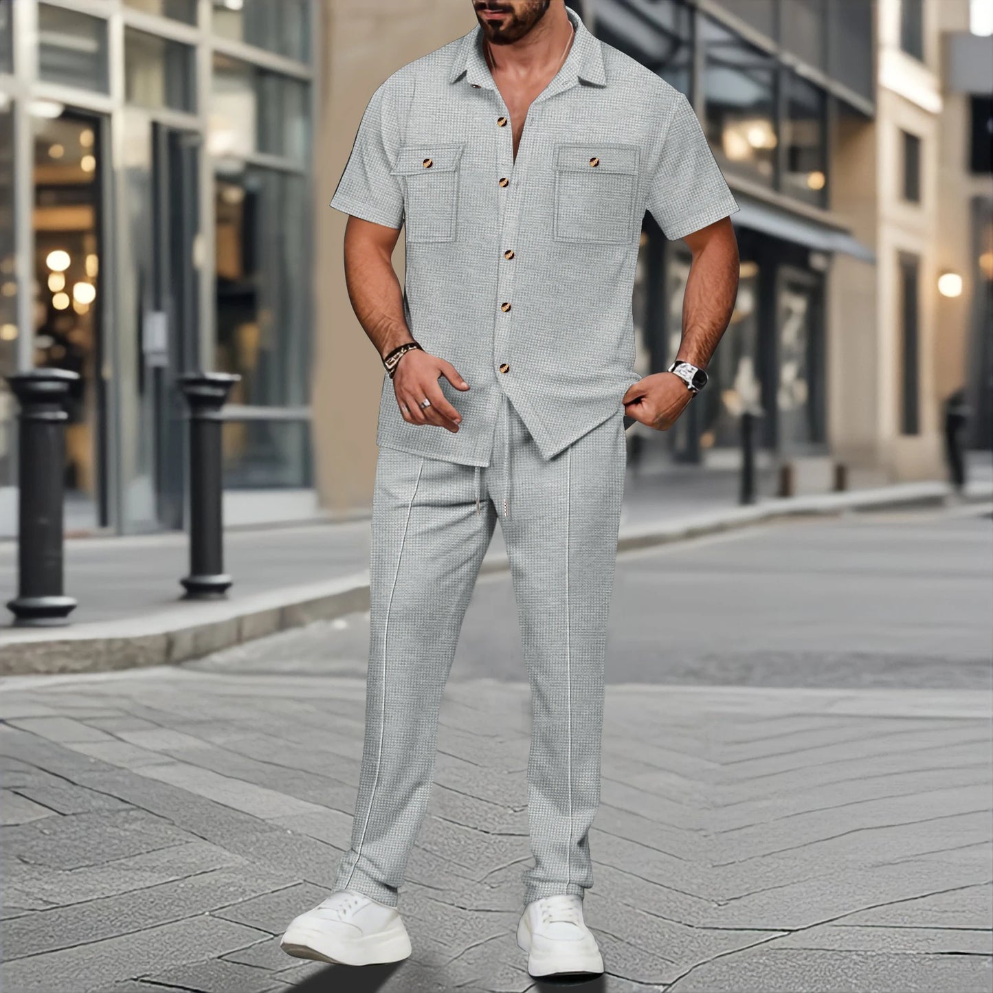 2025 Men's summer new solid color button chest double pocket shirt short sleeve trousers casual two sets - Ellianto fashion Men's