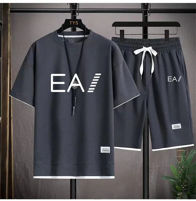 Set A new summer European men's breathable waffle round-neck short-sleeved and jogging sports shorts digital printing two-piece set - Ellianto fashion Men's