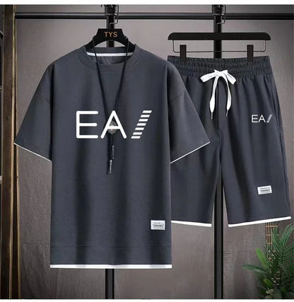 Set A new summer European men's breathable waffle round-neck short-sleeved and jogging sports shorts digital printing two-piece set - Ellianto fashion Men's