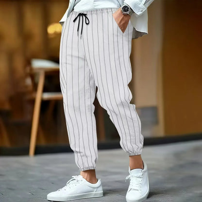 Men's Striped Casual Cotton Linen Blend Trousers Loose Fit Breathable Fashionable Sport Pants Street Versatile Trousers - Ellianto fashion Men's