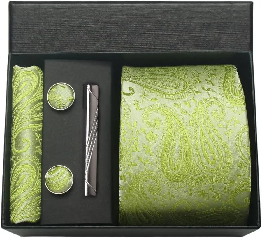 100% Silk Necktie Paisley Floral Mens Tie Top Quality Business Tie Pocket Square Tie Clip Cufflinks Set Classic For Men Gift Box - Ellianto fashion Men's