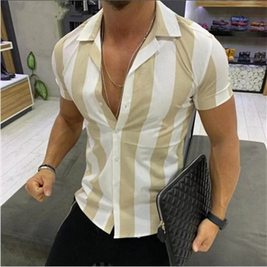 Men's striped casual shirt, summer beach casual loose-fitting short-sleeved shirt, summer daily commuting style travel shirt - Ellianto fashion Men's
