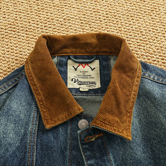 Spring New American Retro Heavyweight Neckline Contrast Color Corduroy Washed Old Cargo Denim Jacket Men's Lapel Casual Coat
