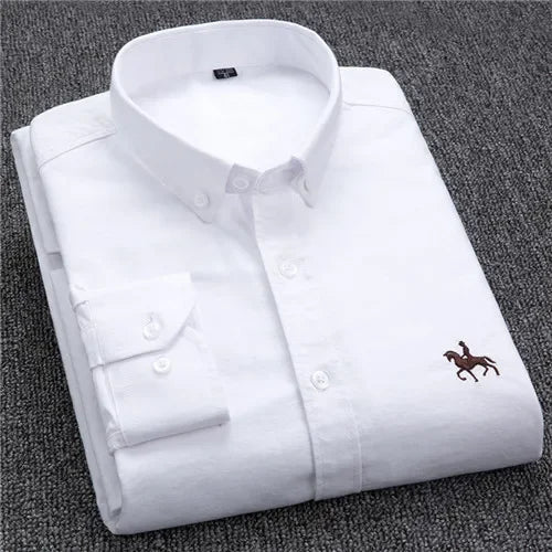 Casual Pure Cotton Oxford Mens Shirts Long Sleeve Embroidery Horse Design Regular Fit Fashion Button Man White Dress Shirt - Ellianto fashion Men's