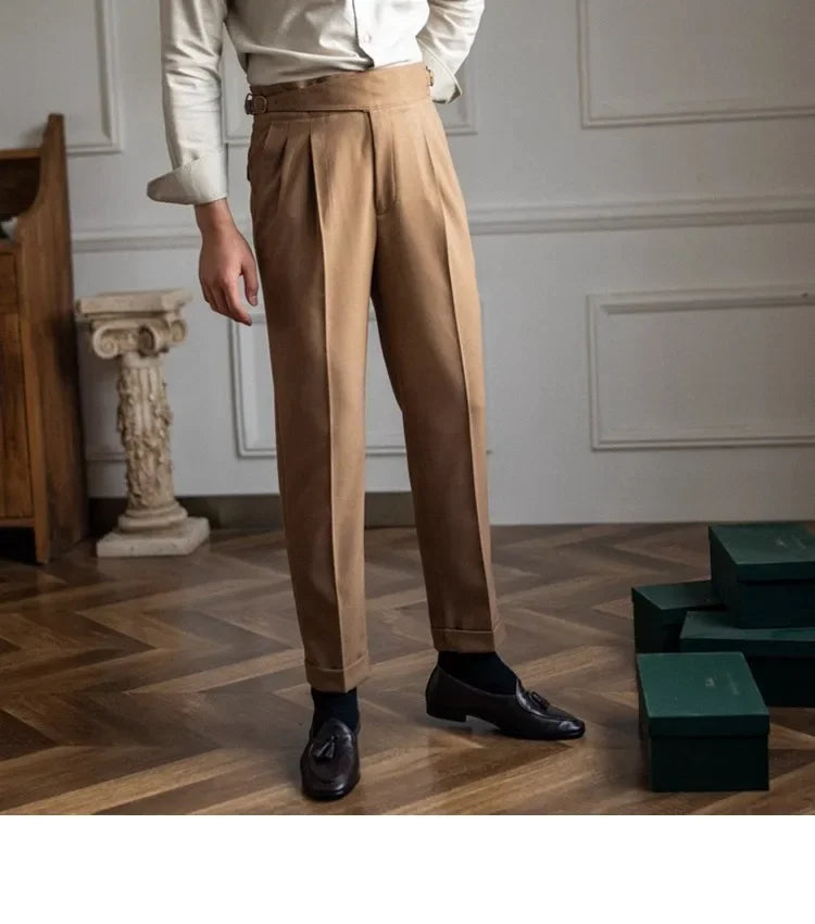 High Waist Straight Leg Casual Men's Trousers Italian Neapolitan Style Versatile Long Pants British Retro Suiting - Ellianto fashion Men's