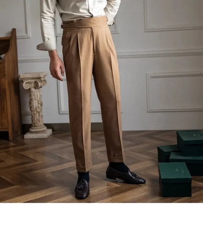 High Waist Straight Leg Casual Men's Trousers Italian Neapolitan Style Versatile Long Pants British Retro Suiting - Ellianto fashion Men's