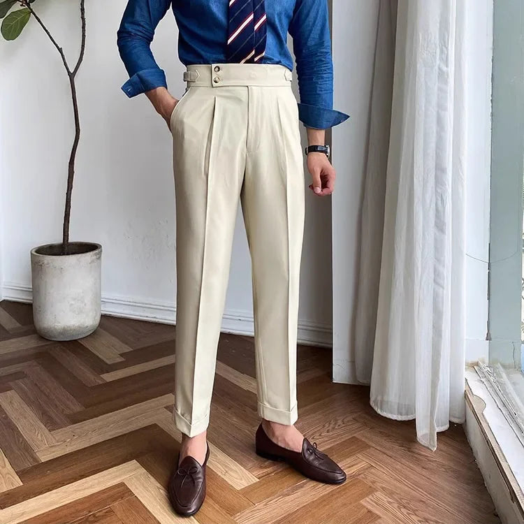Fashionable High-End Men's Casual Pants Naples Straight Leg Non-Iron Business Paris Buckle High Waist Long Trousers - Ellianto fashion Men's