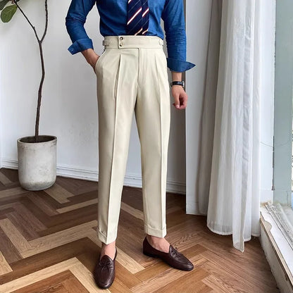 Fashionable High-End Men's Casual Pants Naples Straight Leg Non-Iron Business Paris Buckle High Waist Long Trousers - Ellianto fashion Men's
