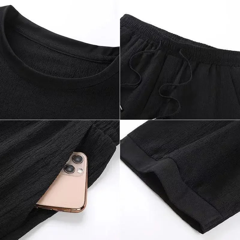 Ice Silk Men's Casual Sportswear Loose plus Size Summer Fashionable Short Sleeve Seven-Piece Pants Two-Piece Set - Ellianto fashion Men's