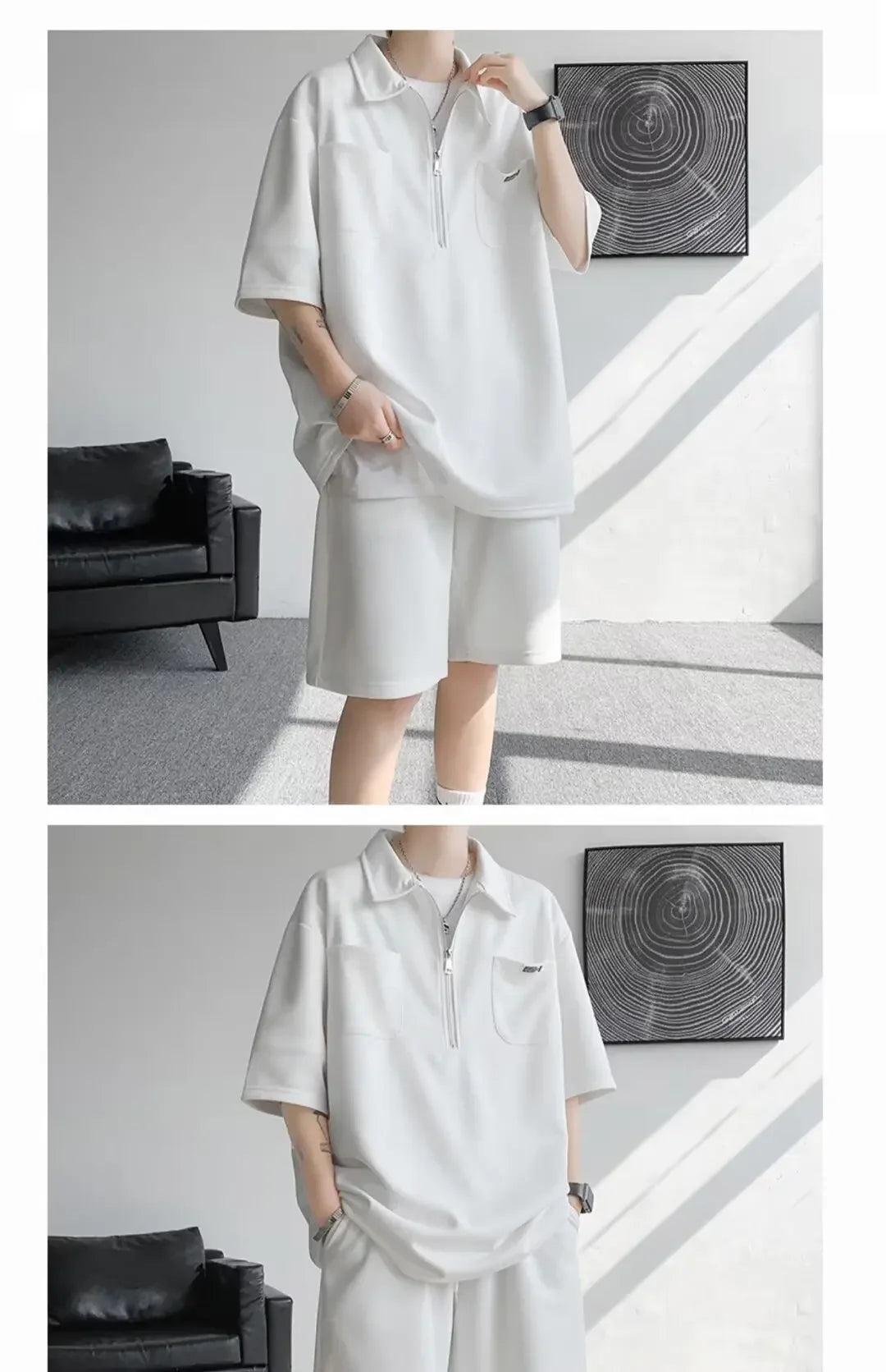 Ice Silk Short Sleeve Polo Shirt Men Summer Trendy Shorts Casual Sports Set Seven Half Zipper Comfortable Thin Male Clothing - Ellianto fashion Men's