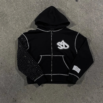 American Retro Fur Collar Flag Printing Oversize Zipper Hoodie Men's and Women's Y2K New Harajuku Hip Hop Goth Casual Sweatshirt
