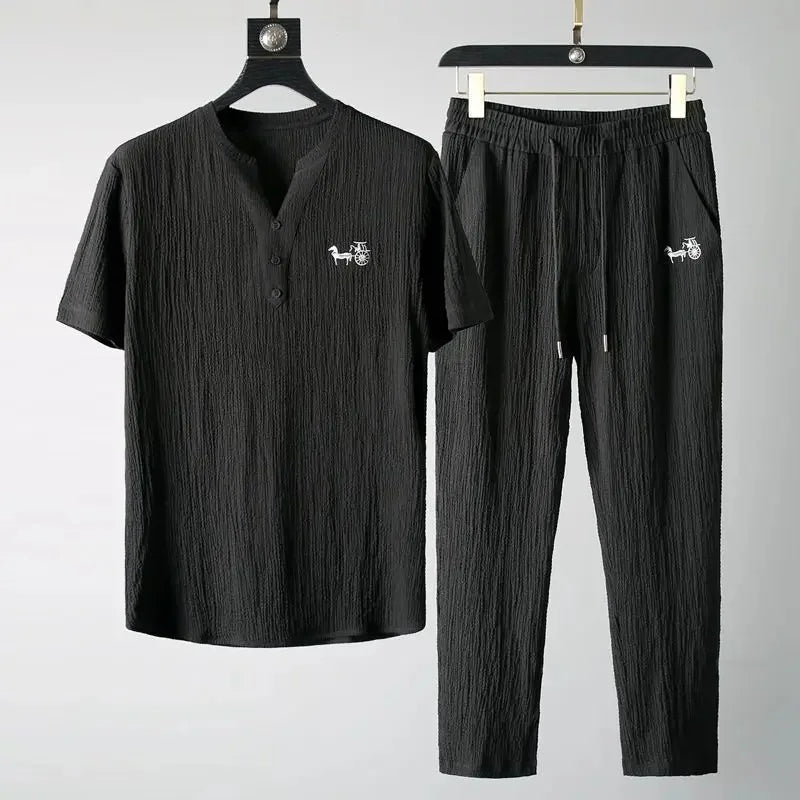 Summer Men's Casual Thin Collar Two-Piece Suit Full Set Fashionable Lightweight Breathable Comfortable Male Clothing Ensemble - Ellianto fashion Men's