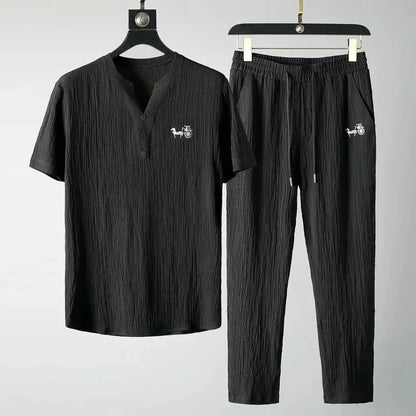 Summer Men's Casual Thin Collar Two-Piece Suit Full Set Fashionable Lightweight Breathable Comfortable Male Clothing Ensemble - Ellianto fashion Men's