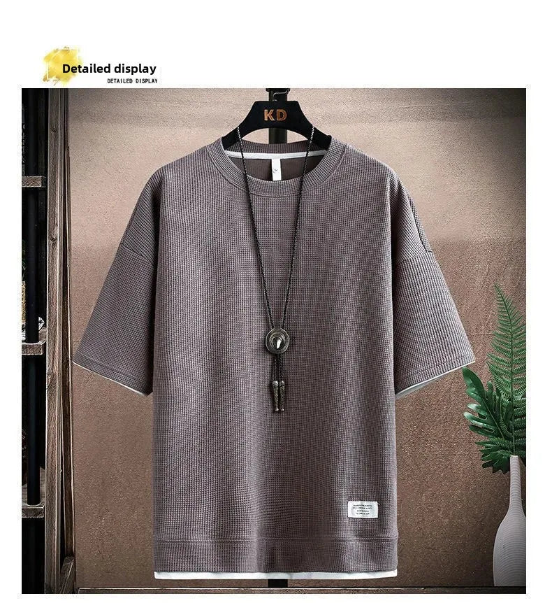 Casual Men's Sportswear Set Summer Short Sleeve Drawstring Shorts Loose Five-Quarter Pants Thin Male Outfit Two-Piece Suit - Ellianto fashion Men's