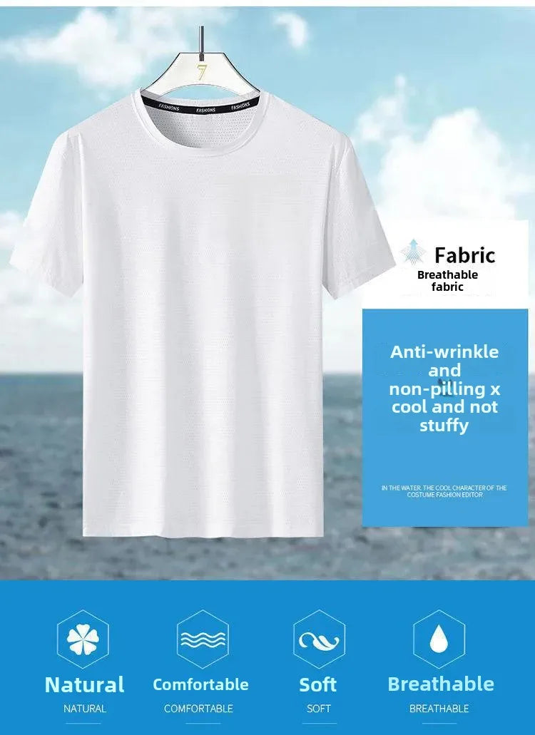 Men's Summer Ice Silk Loose Fit Crew Neck Short Sleeve T-Shirt Quick Dry Breathable Casual Top in Big Sizes Versatile And Simple - Ellianto fashion Men's