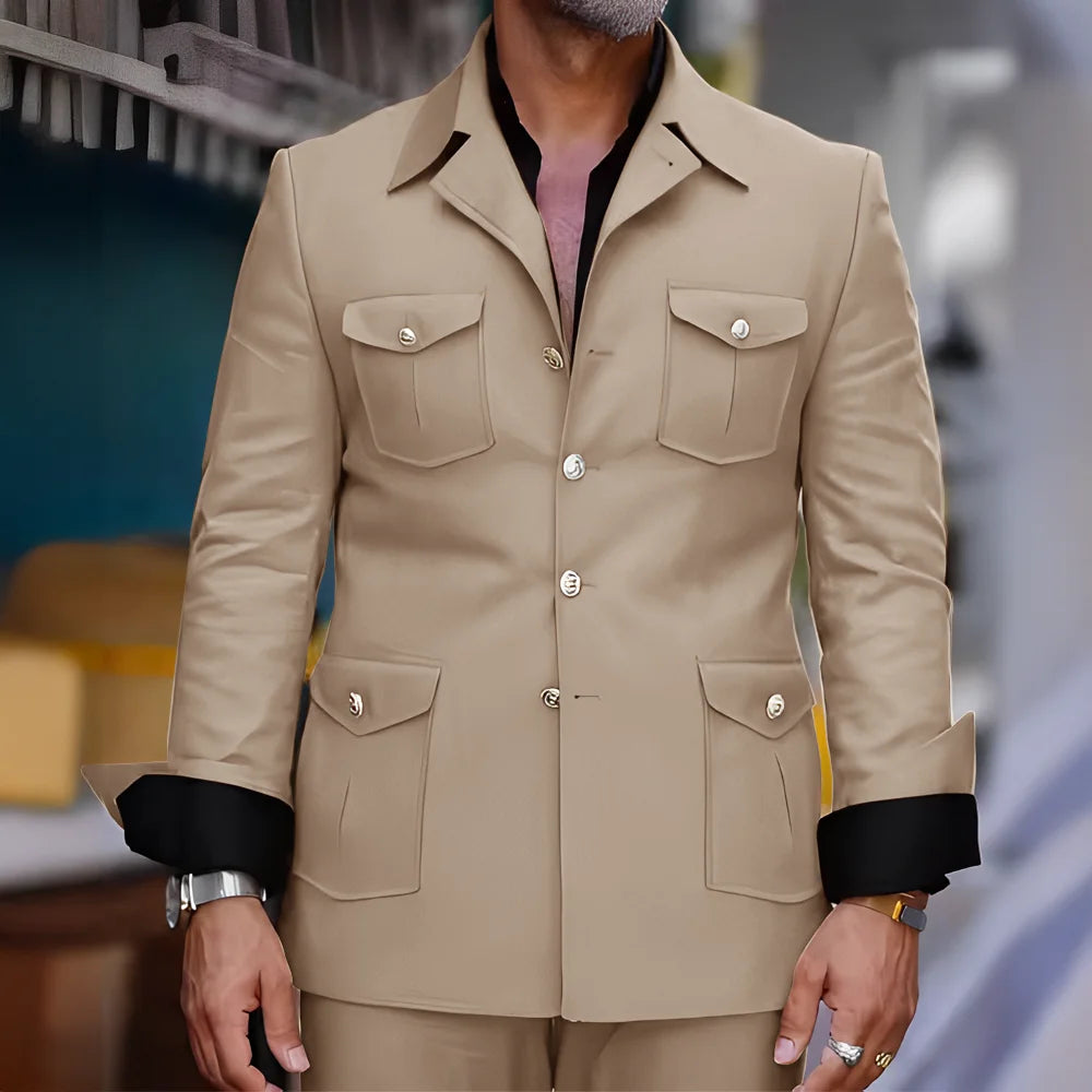 Tailored Casual Men Suits Orange 2 Pieces Set Safari Design Collar Autumn Coat Pant Business Designer Jacket Pant Men Prom Suits - Ellianto fashion Men's