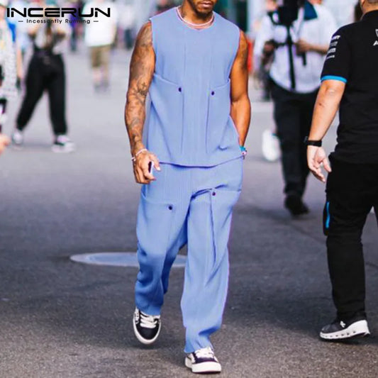INCERUN Men Sets Solid Color Streetwear O-neck Sleeveless Tank Tops & Pants 2PCS Summer Loose Fashion Men's Casual Suits S-2XL - Ellianto fashion Men's