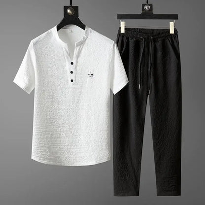 New 2025 Men's Slim Fit Short Sleeve Sportswear Set Casual Embroidered V-Neck Chinese Style Lightweight Two-Piece Suit - Ellianto fashion Men's