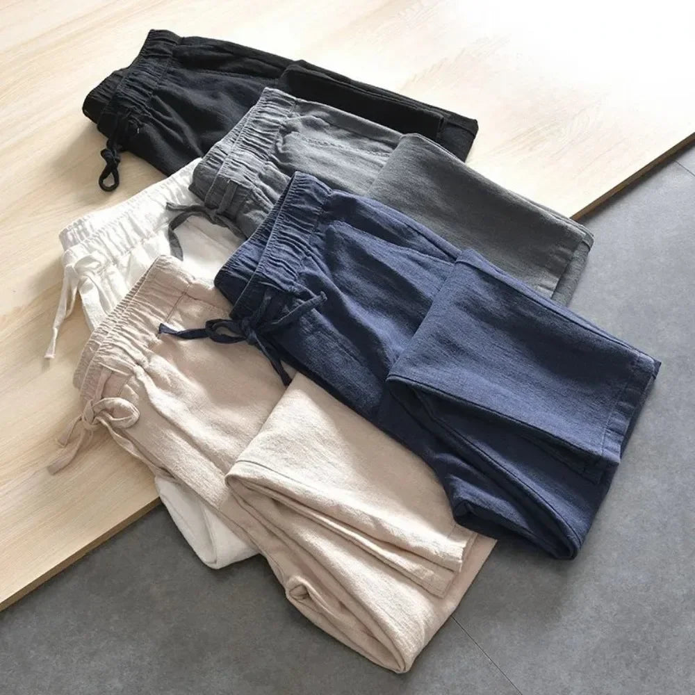 Men's Cotton Linen Casual Pants Baggy Streetwear Men Joggers Sports Trousers Solid Color Long Straight Trendy Pants for Men - Ellianto fashion Men's